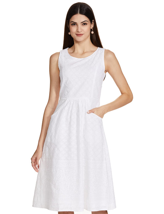 Global Desi Women's Cotton A-Line Knee-Length Dress (White)