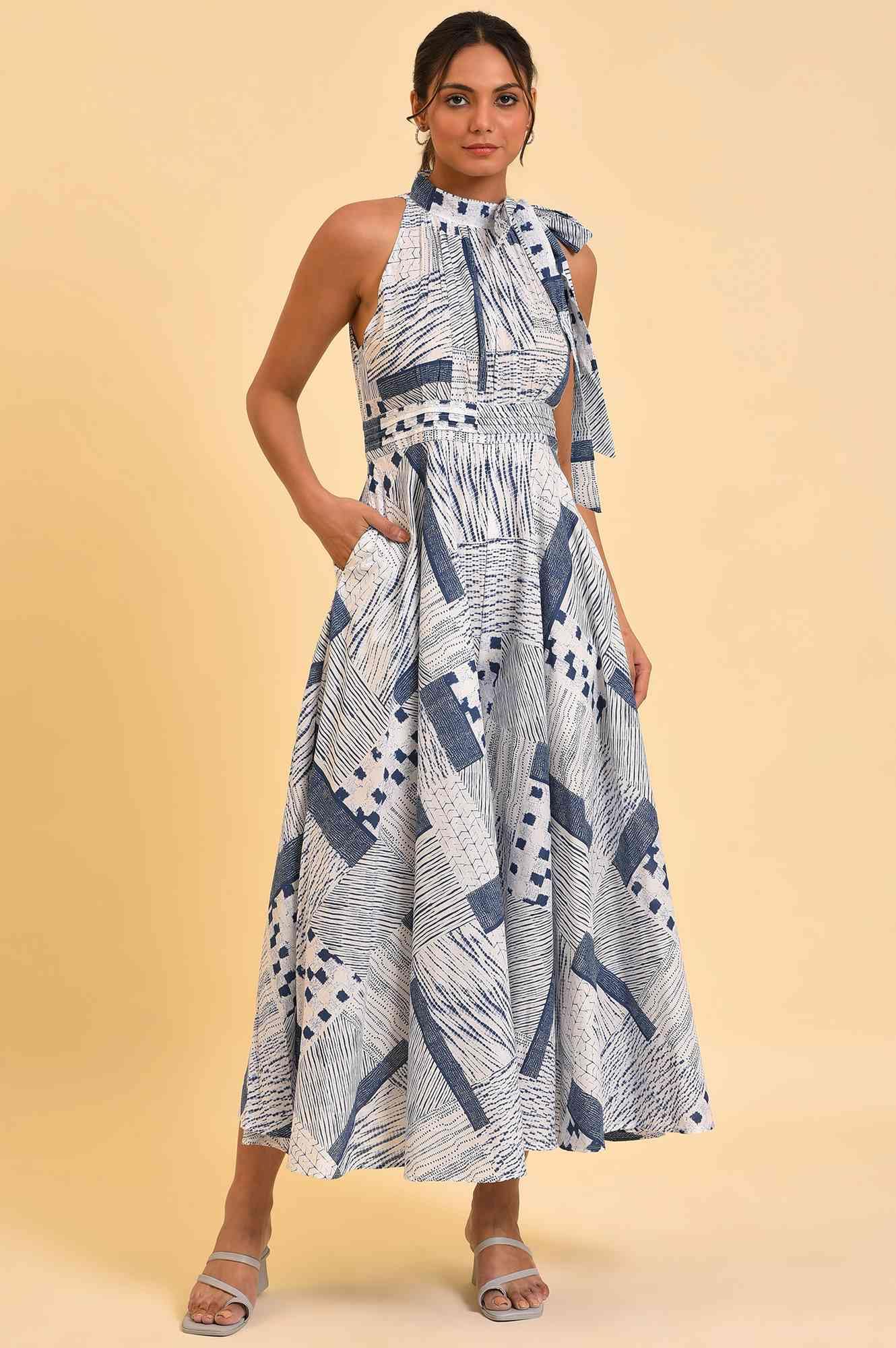 W for Woman Blue Printed Western Jumpsuit with Pleated Belt