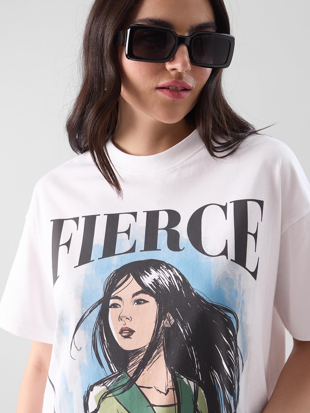 The Souled Store Mulan: Fierce Womens Oversized Fit Graphic Printed Half Sleeve Cotton White Women Oversized T-Shirts Women Oversized T-Shirts Fashionable Trendy Graphic Prints Pop Culture Merchandise