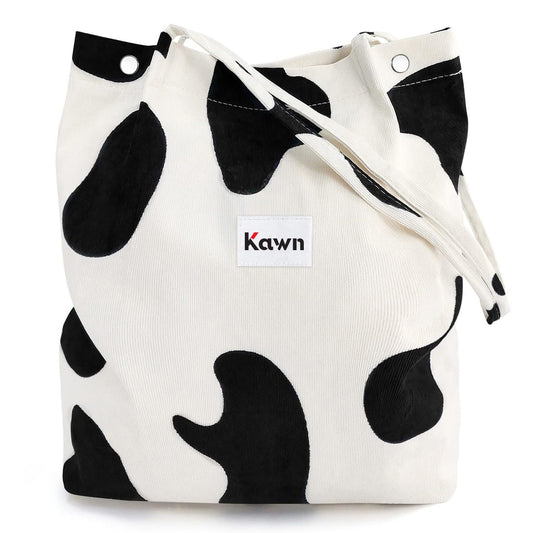 Kawn® Women Corduroy Tote Bag Canvas Shoulder Cord Purse Reusable Shopping Bag Grocery Bag Large Capacity Washable Handbag Girls Shoulder Bag with Inner Pocket For Daily Use Work Travel (Cow Large)