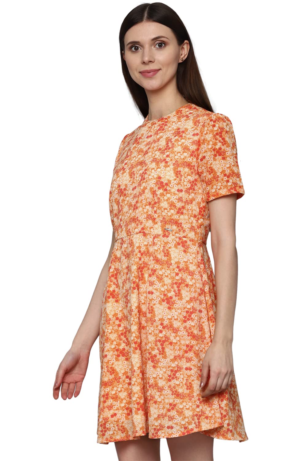 Allen Solly Women's Polyester Blend A-Line Above The Knee Dress (Orange)