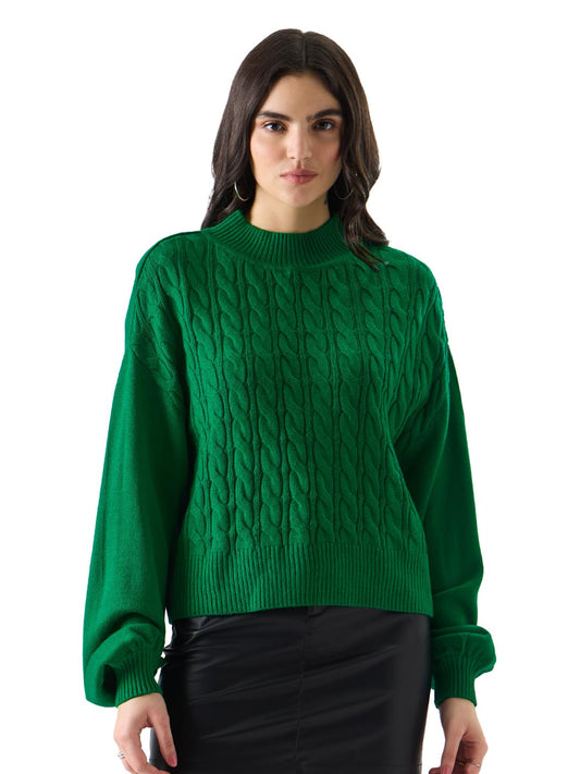 The Souled Store Solids: Kelly Green Women and Girls Long Sleeve Round Neck Oversized Fit Sweater