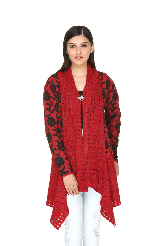 PIPASA Women Ladies Girls Winter Wear Latest Color Woolen V-Neck Open Front Hem Long Sleeves Shrug Cardigan Sweater (RED-Flower)