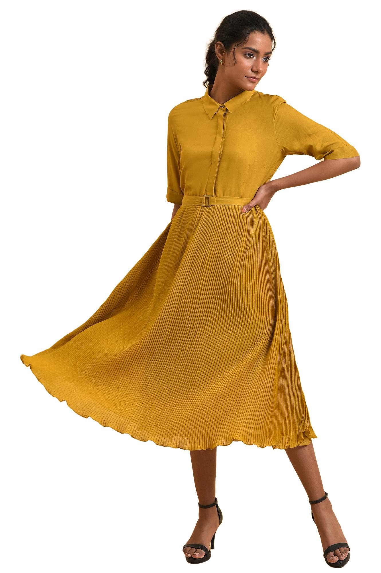 W for Woman Women's Viscose Mustard Yellow Pleated Dress Calf Length