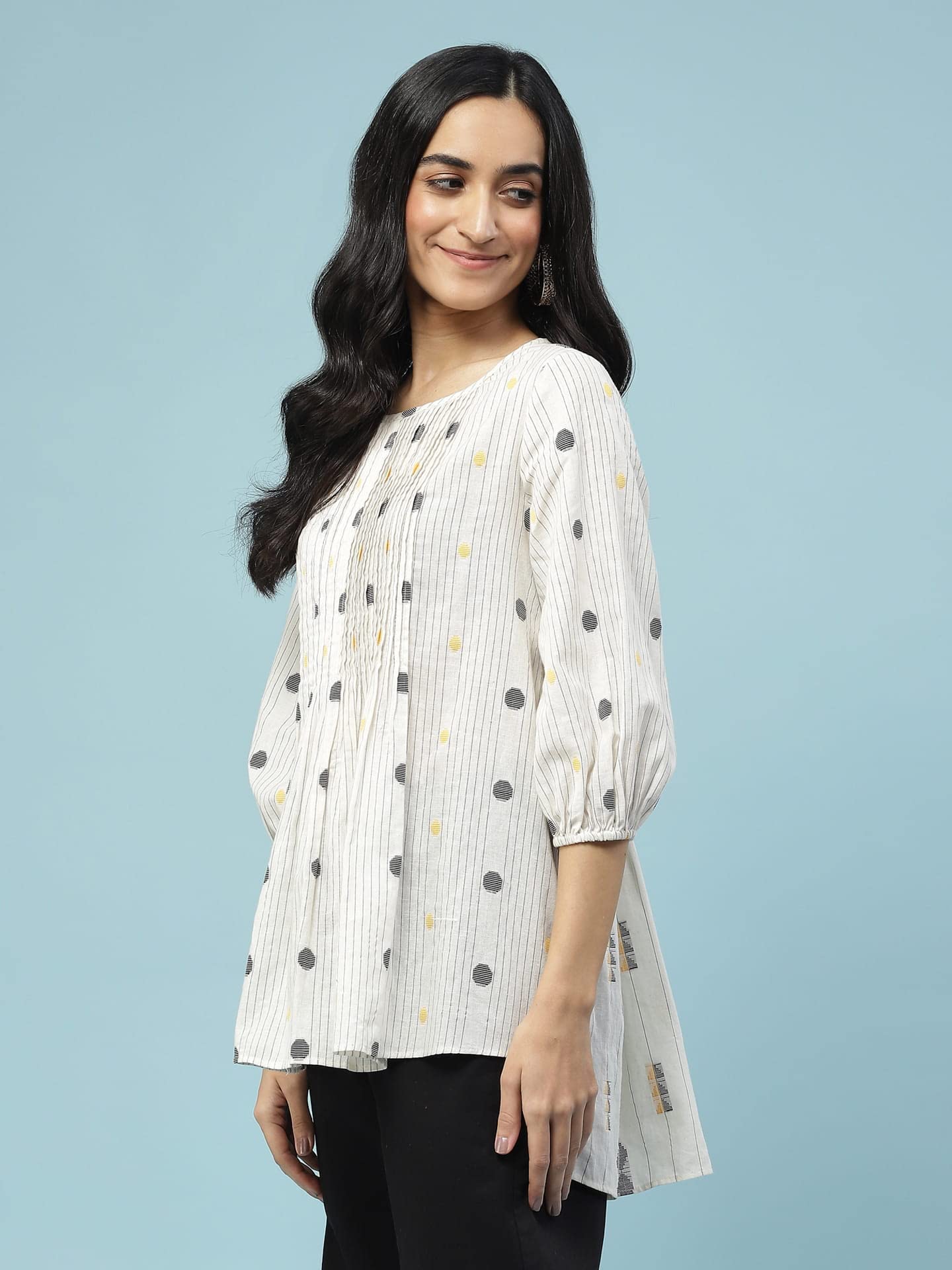 Aarke Ritu Kumar Off White Yarn Dyed Top with Pintuck Detail