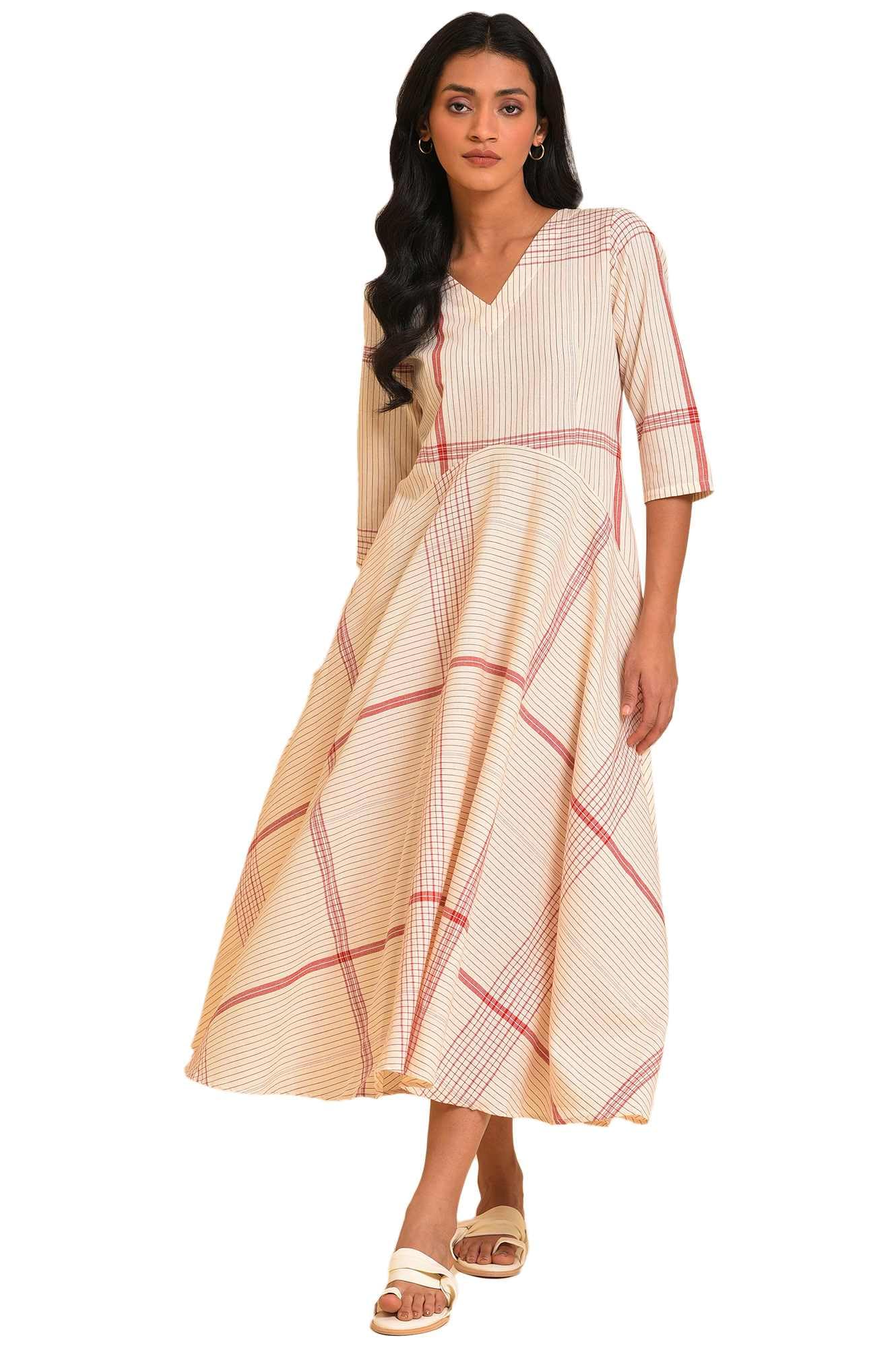 W for Woman Women's Cotton Beige Playful Checkered Free Flowing Dress Calf Length