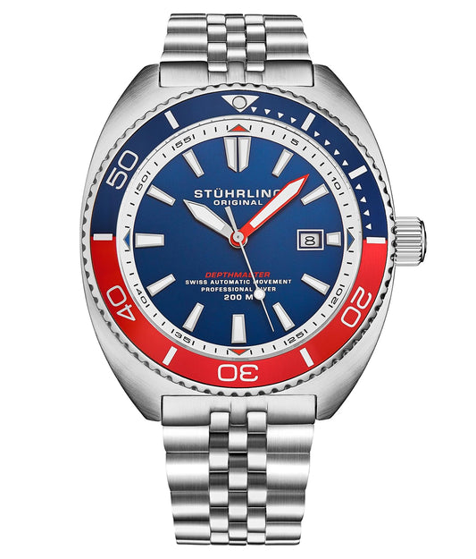 Stuhrling Original Swiss Automatic Depthmaster Diver Watch 45 MM Stainless Steel Case with Rotating Unidirectional Bezel and Stainless Steel Bracelet Water Resistance up to 200 Meters, Blue