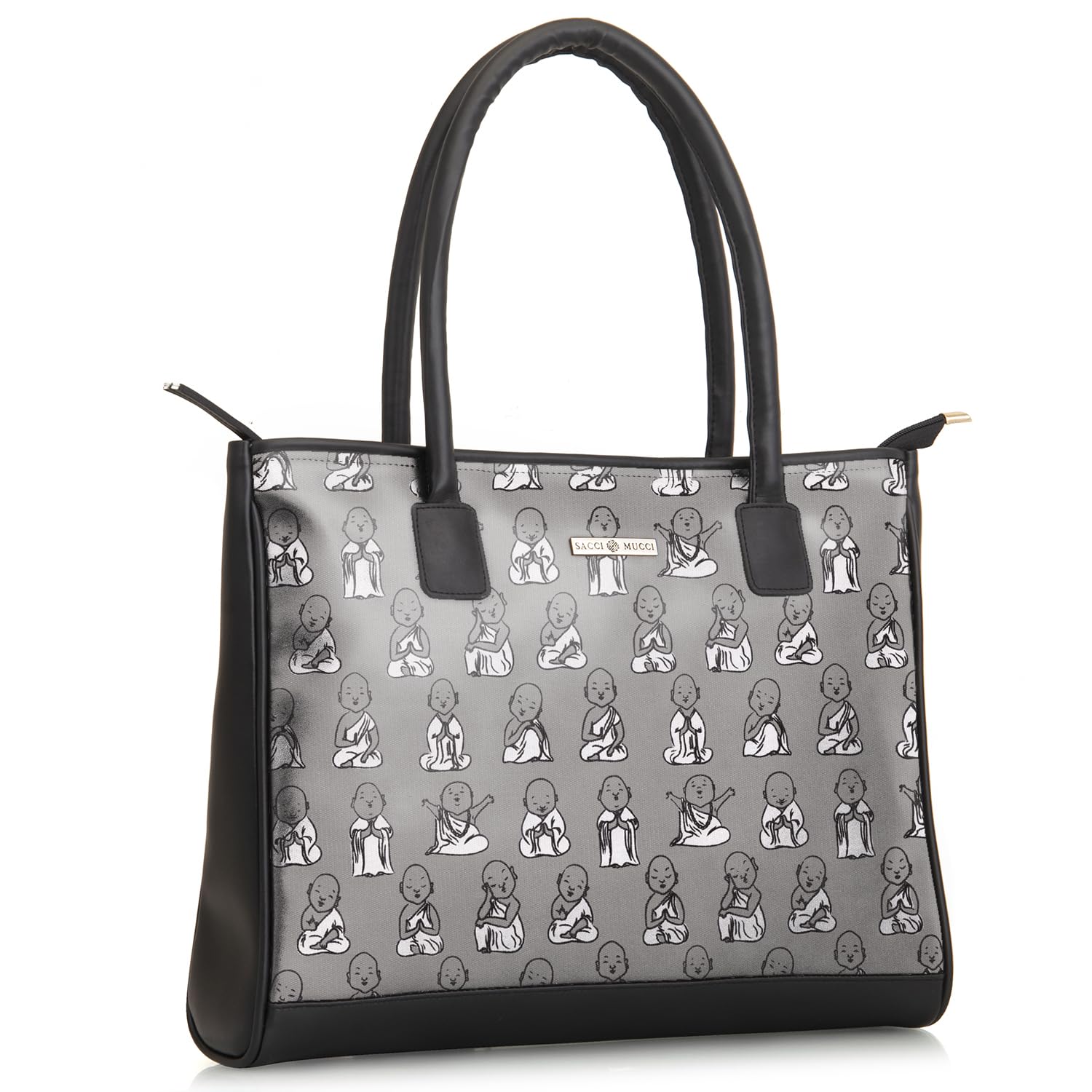 SACCI MUCCI Women's Tote Bag Tote Bags For Women with Padded Laptop Compartment Big Shoulder Bag for Office- Cute Monk Design Print (Black)