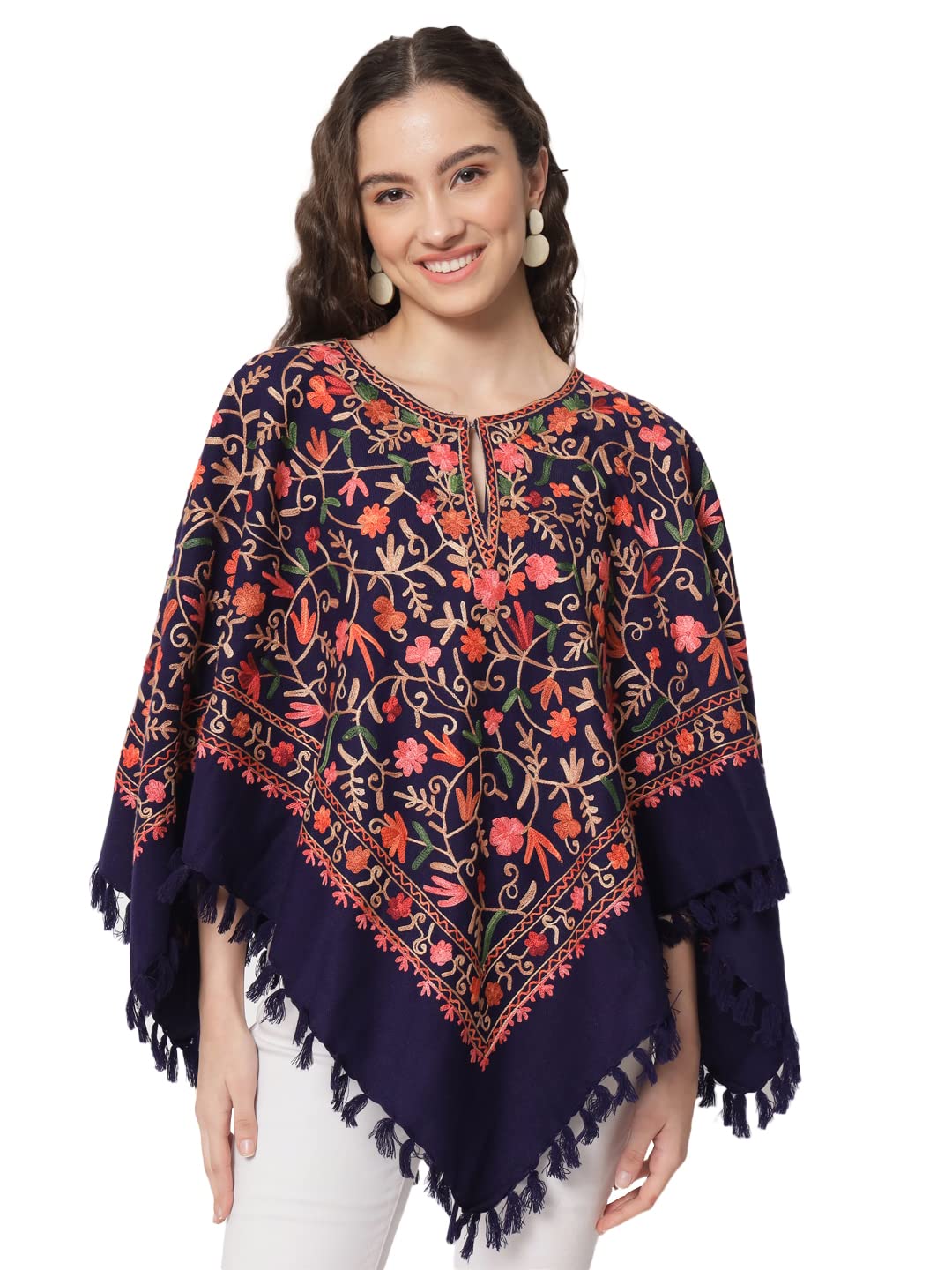 Zamour Women's Wool Poncho Shrug Top, Kashmiri Embroidery Jaal, Inner Lining (Blue)