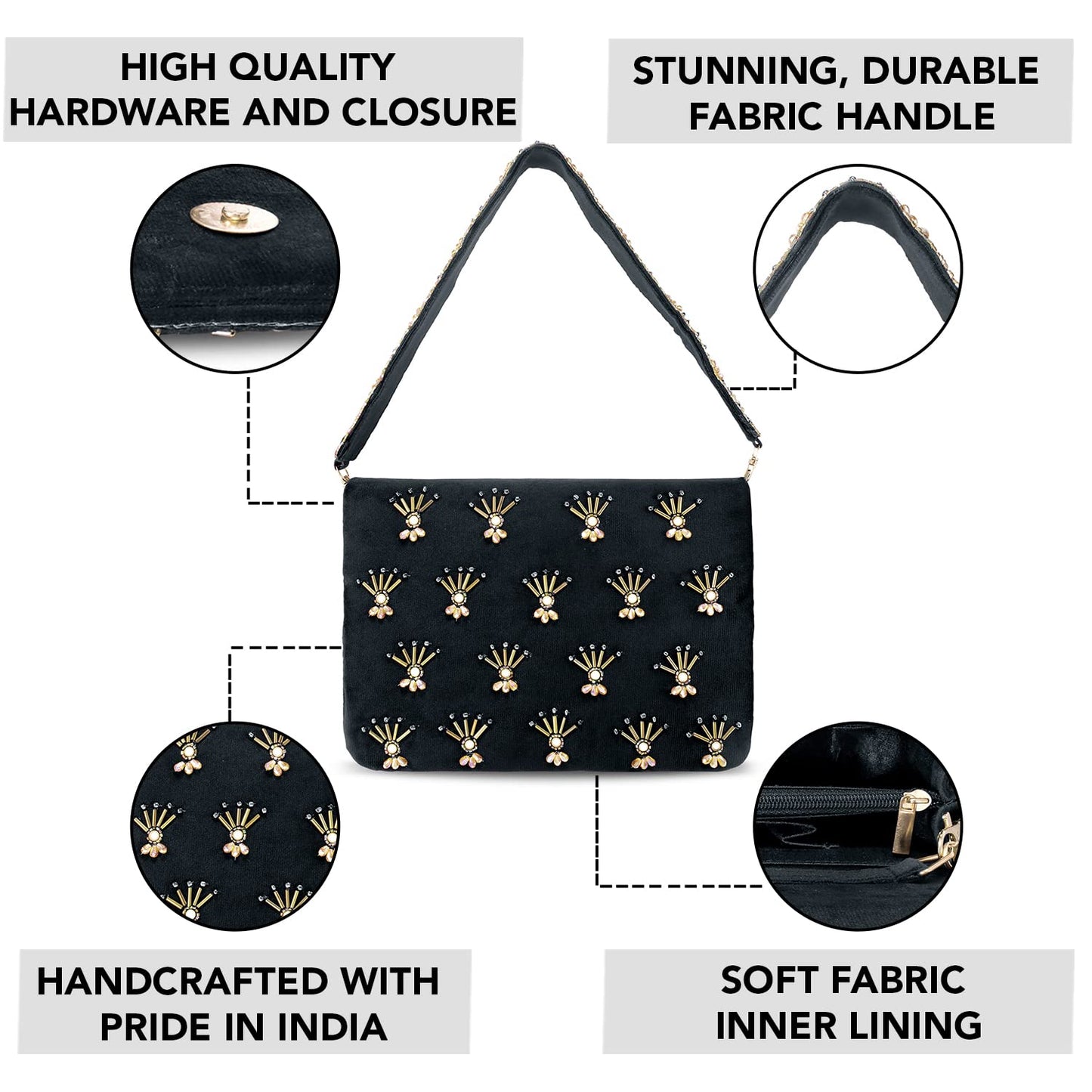 Peora Black Clutch Purses for Women Handmade Evening Handbags Bridal Clutch