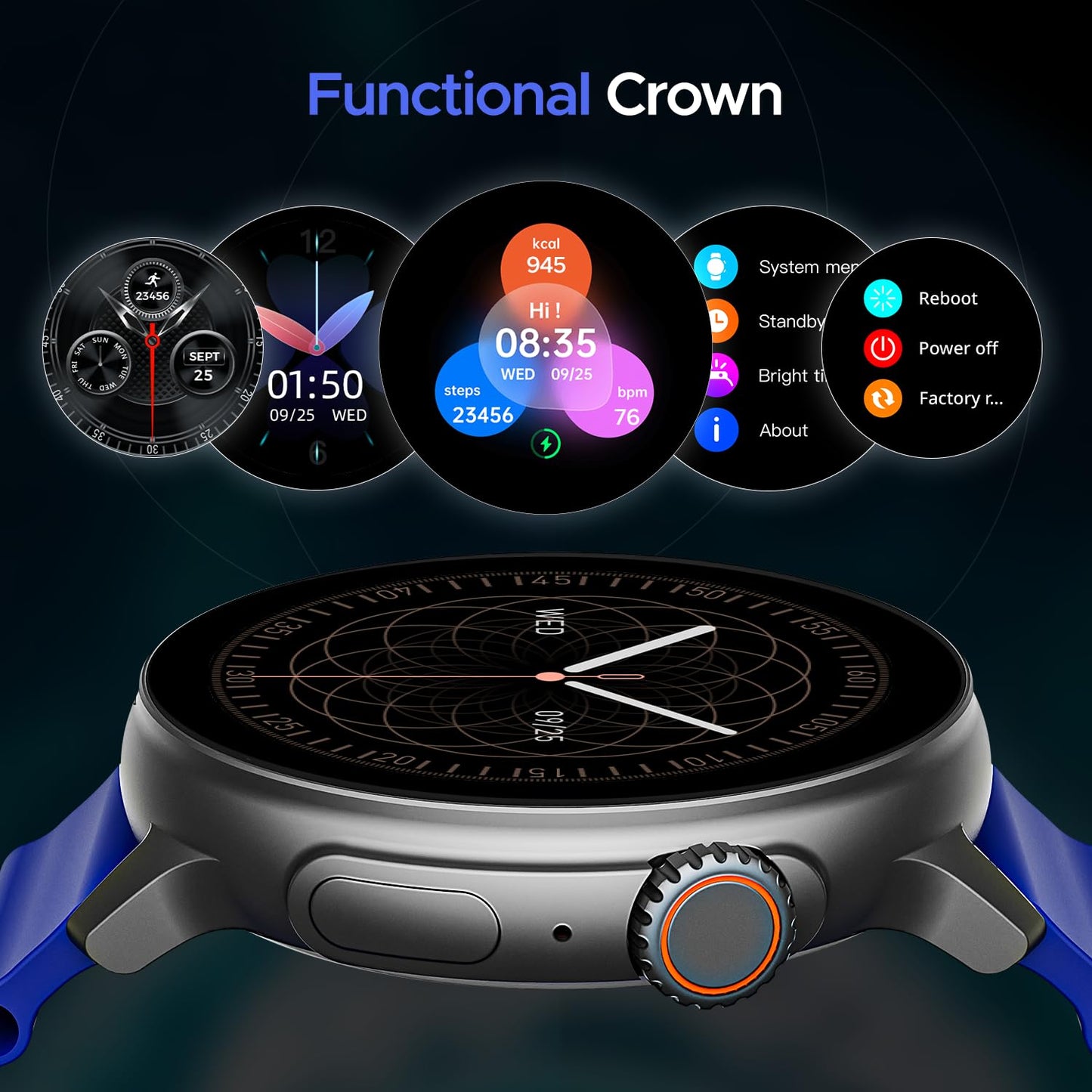 boAt Newly Launched Lunar Tigon Smart Watch with 1.45" AMOLED Display, Advanced BT Calling, Always on Display, Functional Crown, Premium Design & Ocean Ridge Strap,IP67,HR & SpO2 Monitoring(Deep Blue)