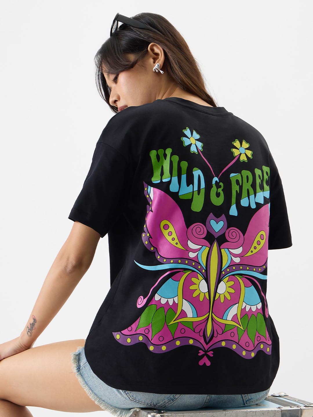 The Souled Store Wild & Free Women Oversized T-Shirts Oversized T Shirts for Women T-Shirt Girls Cotton Casual Half Sleeves Baggy Loose Fit Drop Shoulder Round Neck Back Printed Tshirt Branded