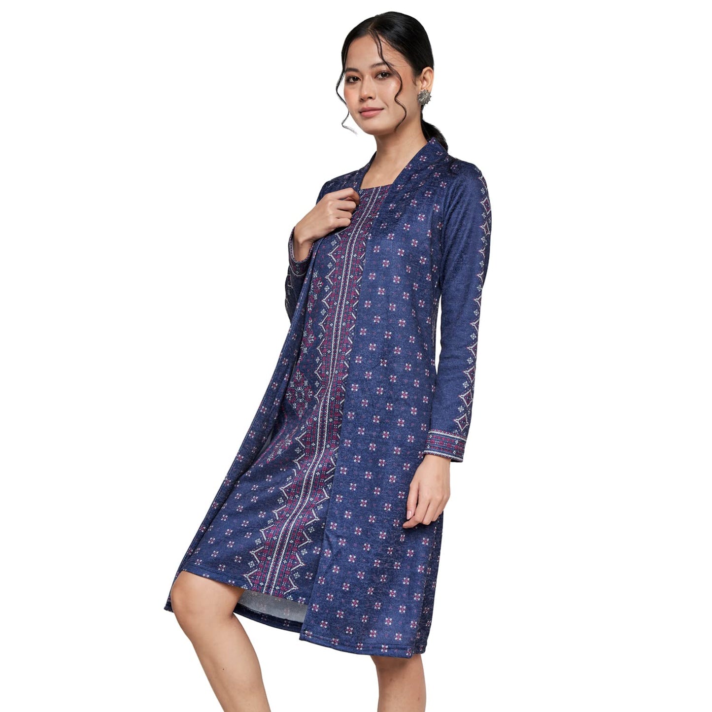 Global Desi Women's Polyester Straight Knee Length Dress (Blue)