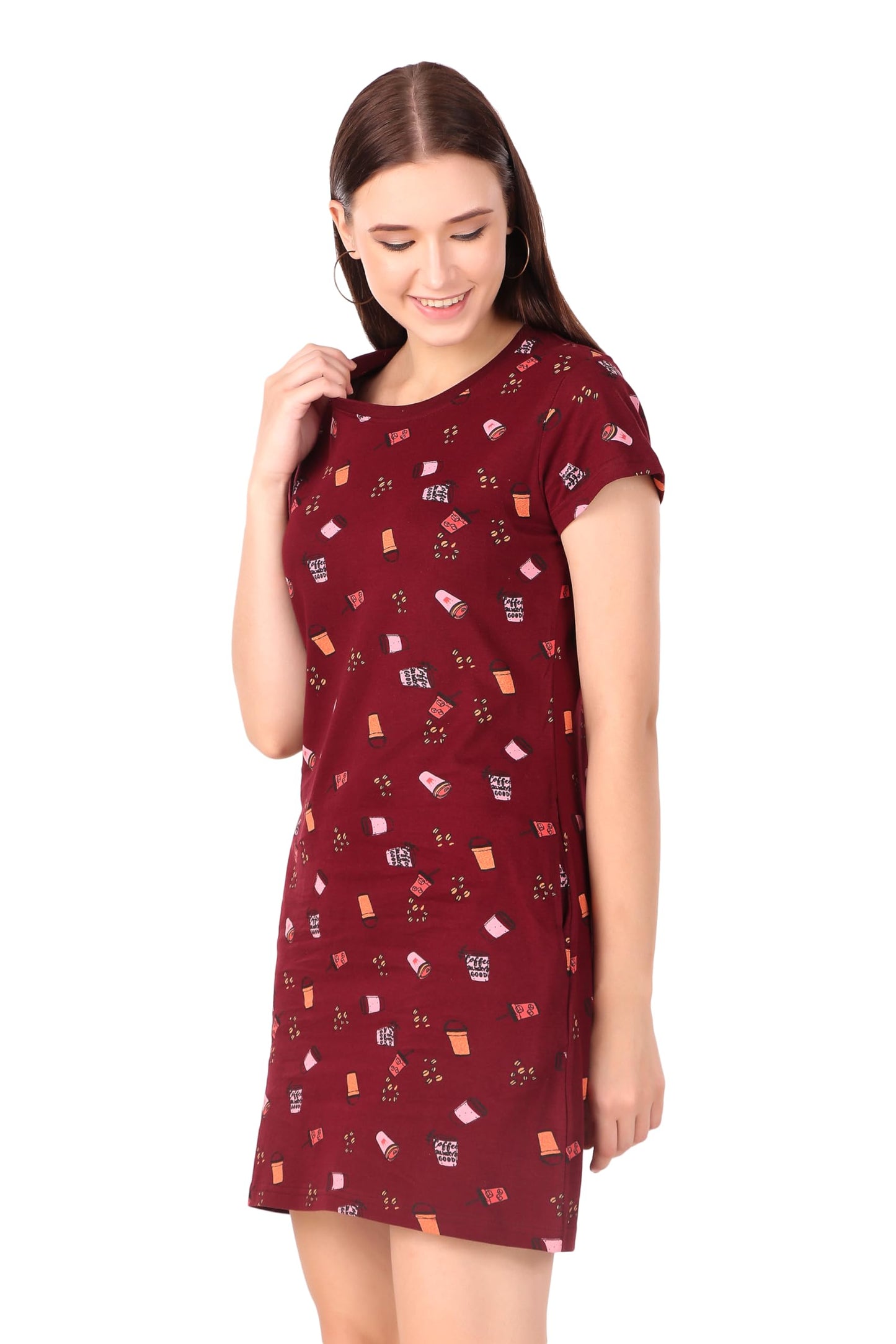 Stories.Label Women Cotton Long Printed Middies T-Shirt Dress in Knee Length with Side Pockets Include Plus Sizes, Western Casual One Piece T-Shirts Dresses for Girls (Maroon, 3XL)