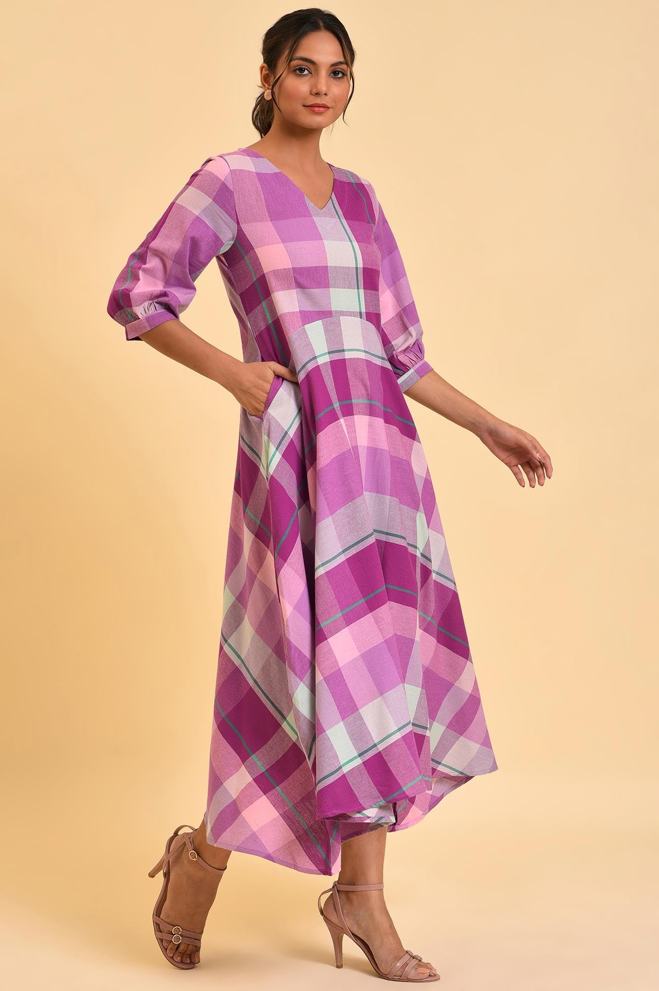 W for Woman Women's Cotton Purple Playful Free Flowing Checker Dress Calf Length Mulberry