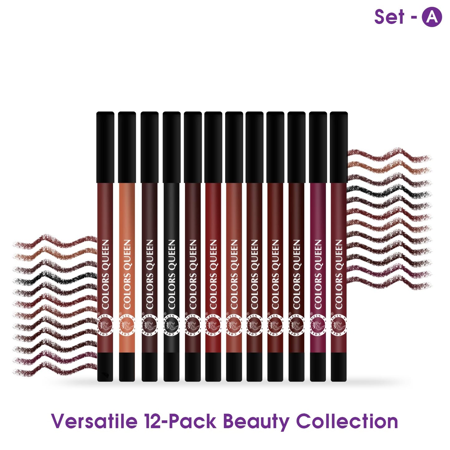 Colors Queen Vivid Matte Eye & Lip Liner Pencil Set | Long Lasting, Waterproof & Smudge Proof Lip Liner | Bold & Creamy Lip Liner Pencil Set of 12 (1.5g x12) | Multi Color A