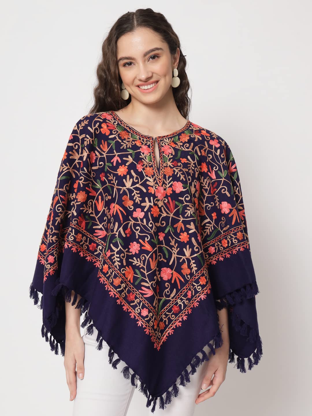 Zamour Women's Wool Poncho Shrug Top, Kashmiri Embroidery Jaal, Inner Lining (Blue)