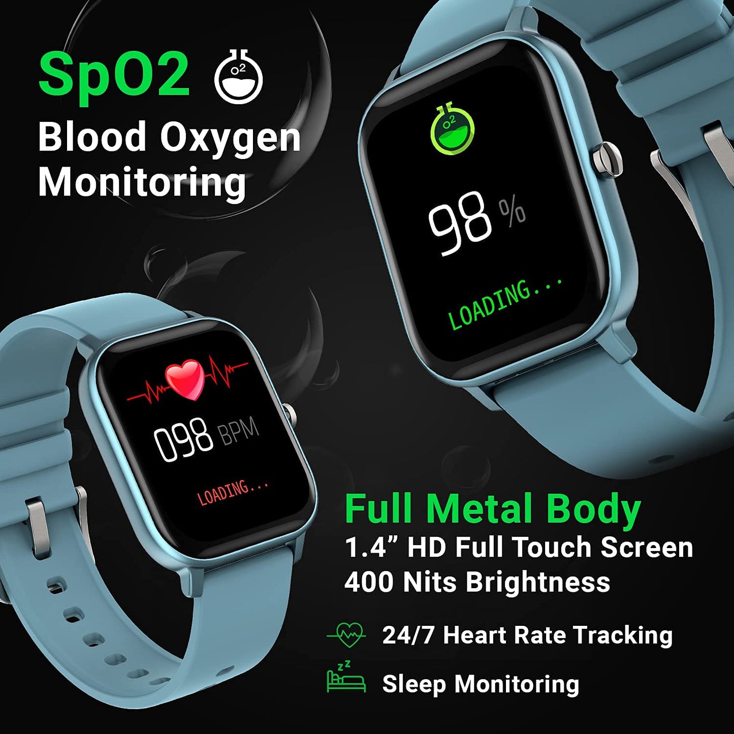 Fire-Boltt (Renewed) SpO2 Full Touch 1.4 inch Smart Watch 400 Nits Peak Brightness Metal Body with 24 * 7 Heart Rate Monitoring IPX7 with Blood Oxygen, Fitness, Sports & Sleep Tracking (Blue)