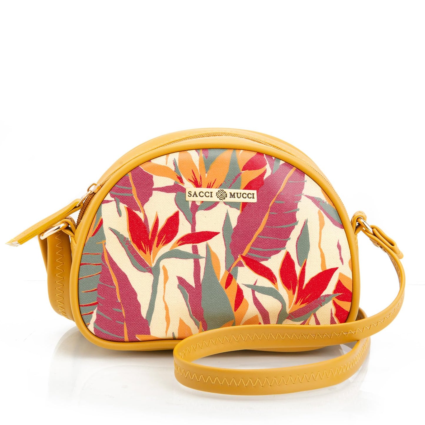 SACCI MUCCI Sling Crossbody Bag for Girls and Women | Made with Durable Vegan Leather and Handprinted Canvas Material | Zip Closure- Exotic Jungle (Mustard)