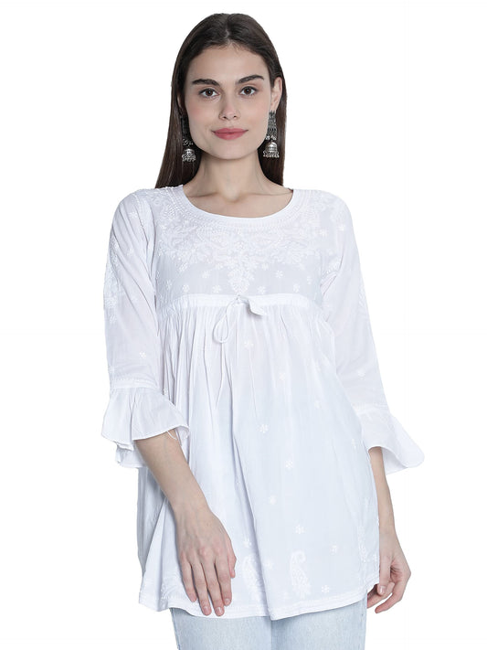 Seva Chikan Hand Embroidered White Cotton Lucknowi Chikankari Women's A-line Top Tunic -(White)