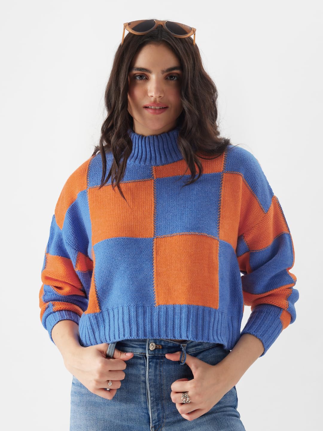 The Souled Store Solids: Blue, Orange (Colourblock) Women Turtle Neck Sweaters