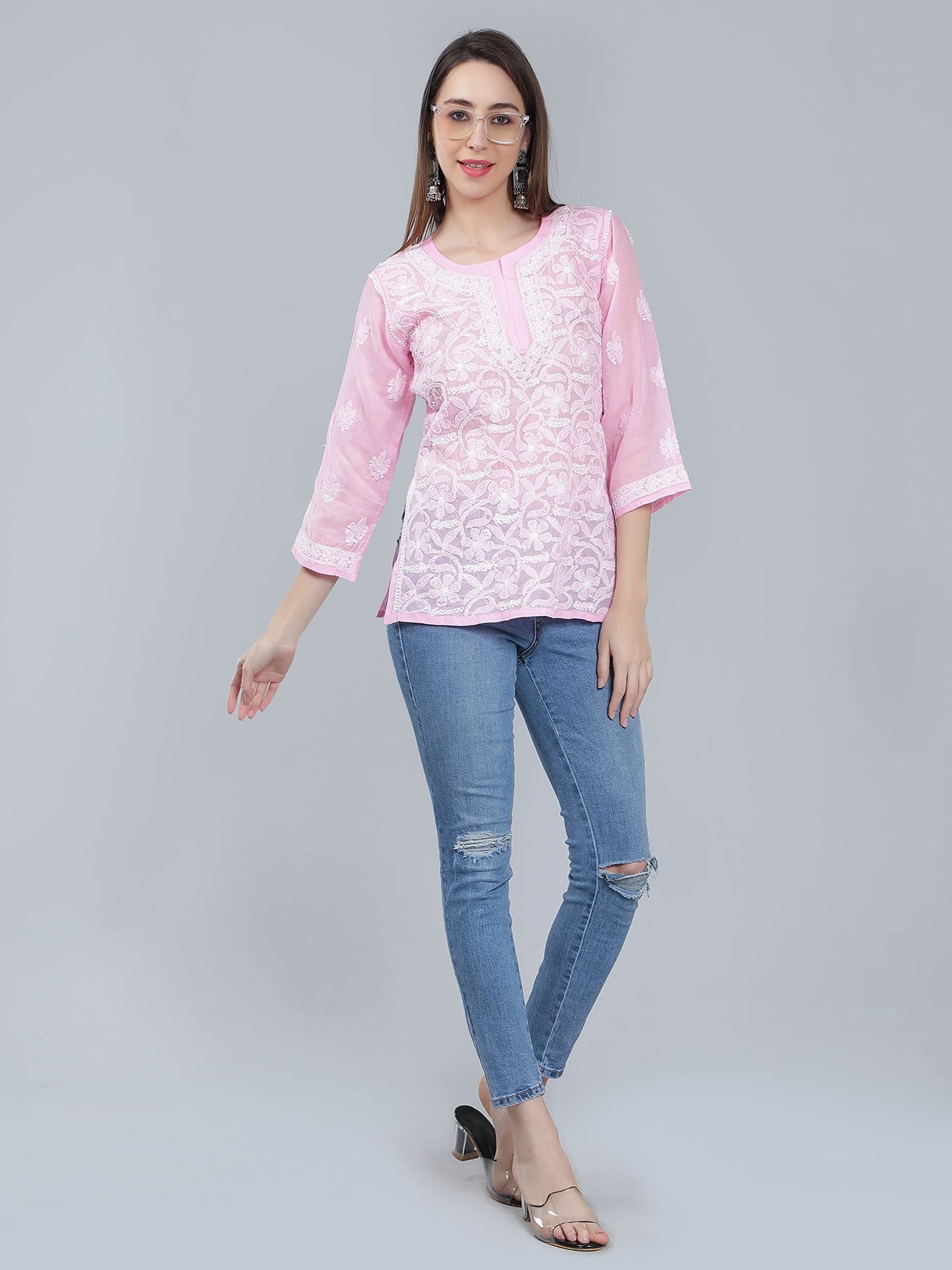 Seva Chikan Hand Embroidered Lucknowi Chikankari Pink Cotton Top Tunic for Women (Pink)