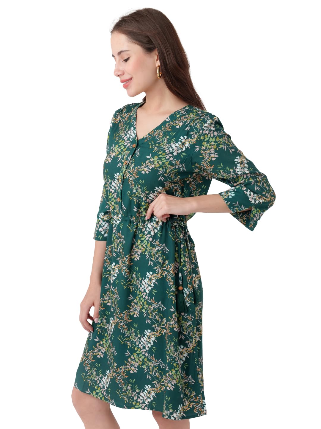 Zink London Women's Dark Cedar Printed A-Line Short Dress Green