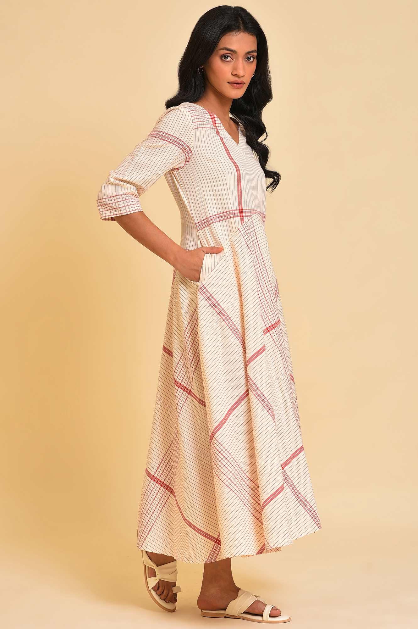 W for Woman Women's Cotton Beige Playful Checkered Free Flowing Dress Calf Length