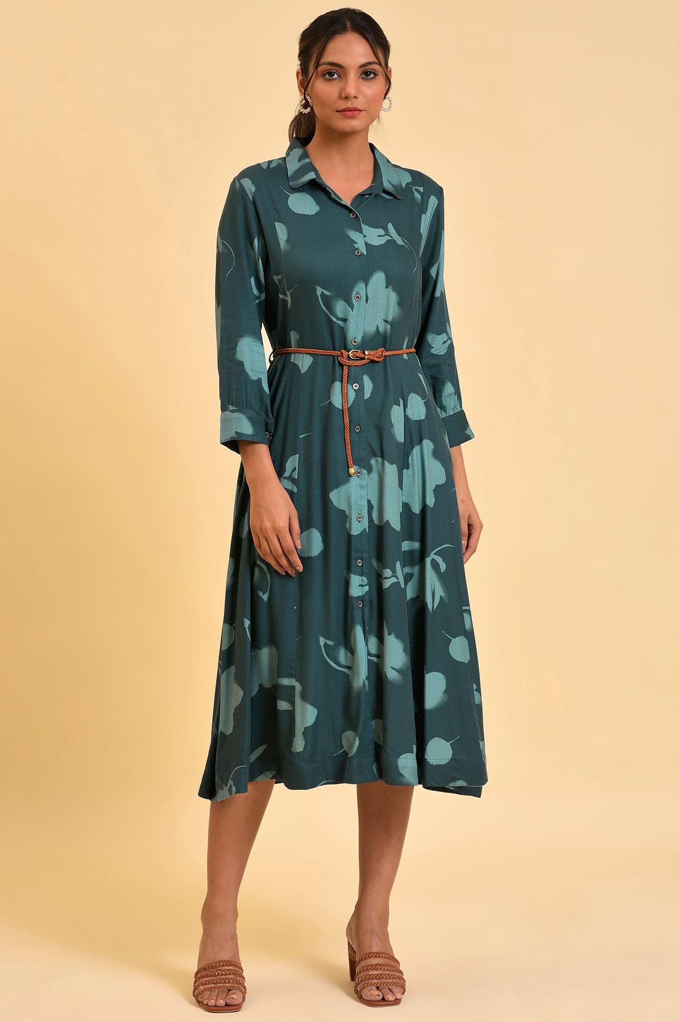 W for Woman Women's Viscose Green Floral Printed Western Dress with Belt Calf Length Teal