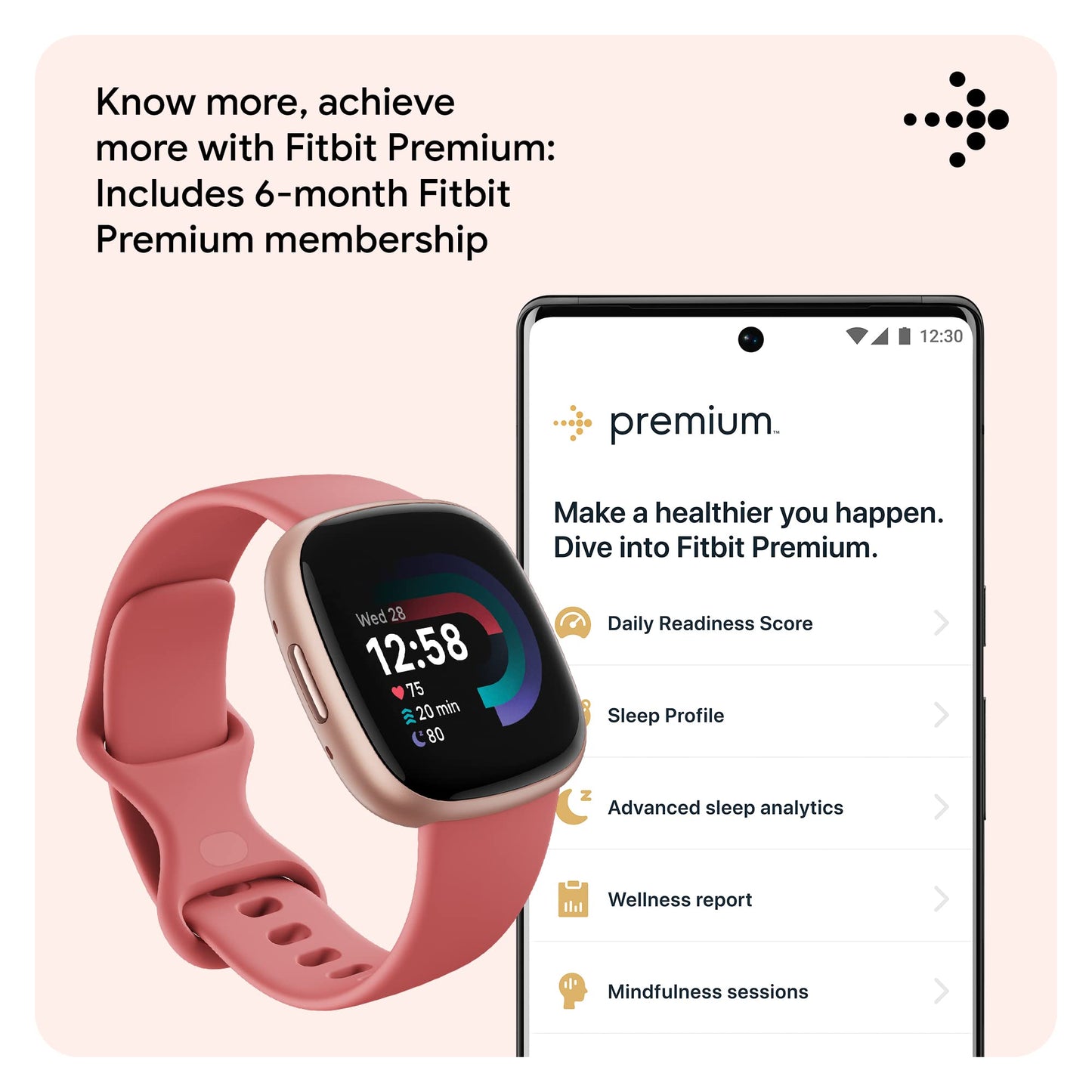 Fitbit Versa 4 Fitness Watch (Pink Sand/Copper Rose Aluminium) with 6-Month Premium Membership