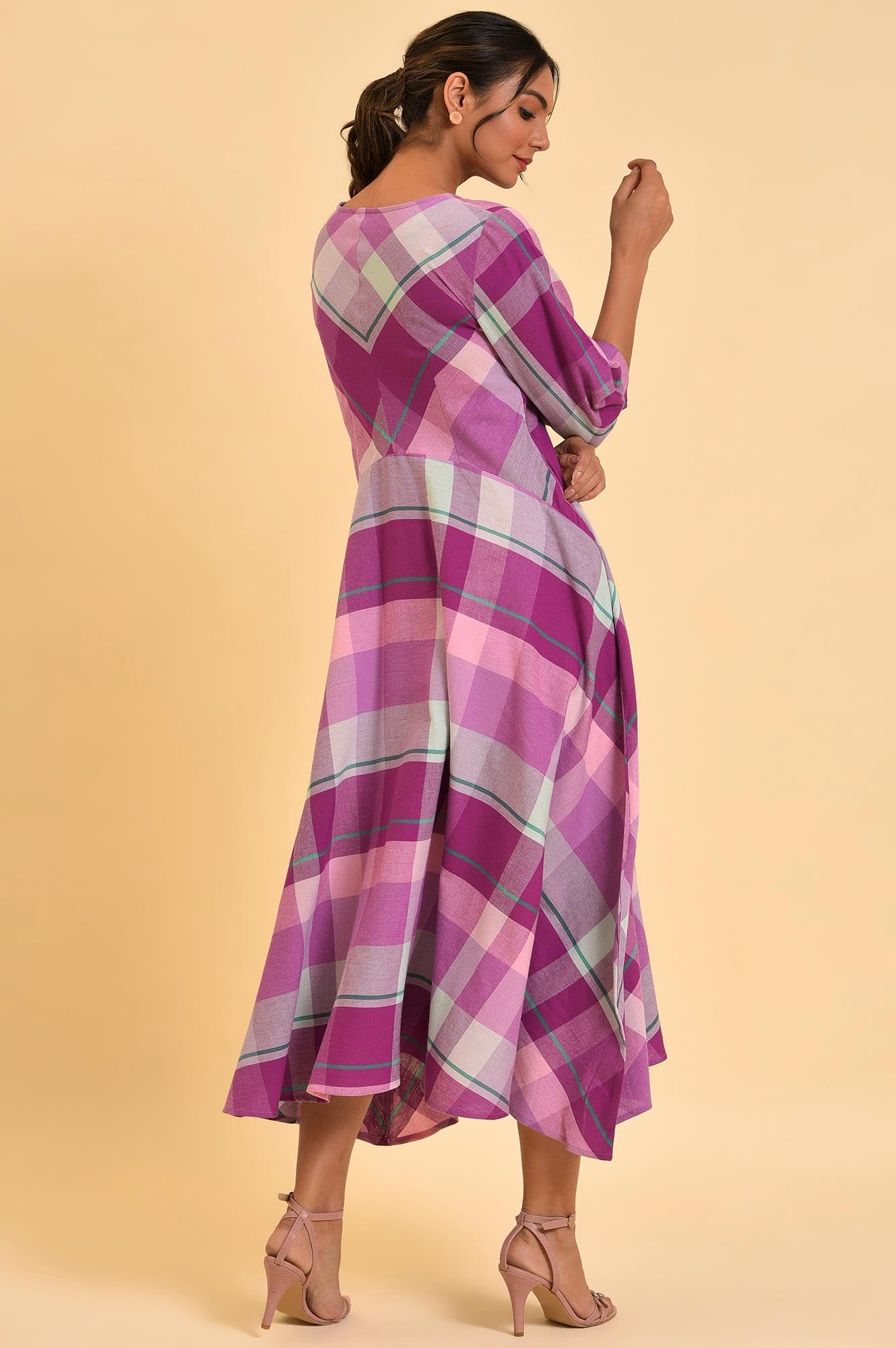 W for Woman Women's Cotton Purple Playful Free Flowing Checker Dress Calf Length Mulberry