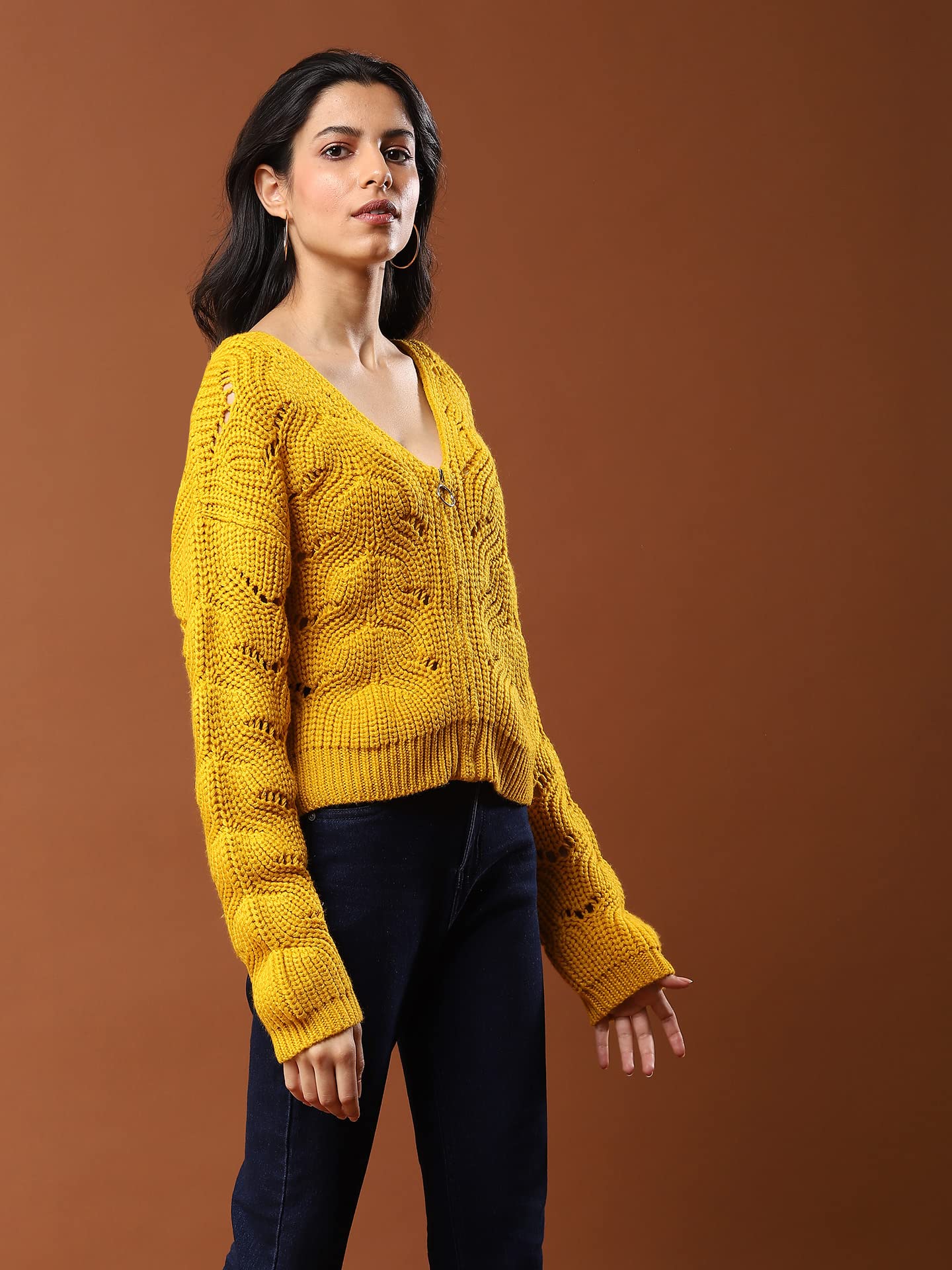Aarke Ritu Kumar Women's Acrylic V-Neck Sweater SWTHAJ01N30127714-MUSTARD-M Yellow