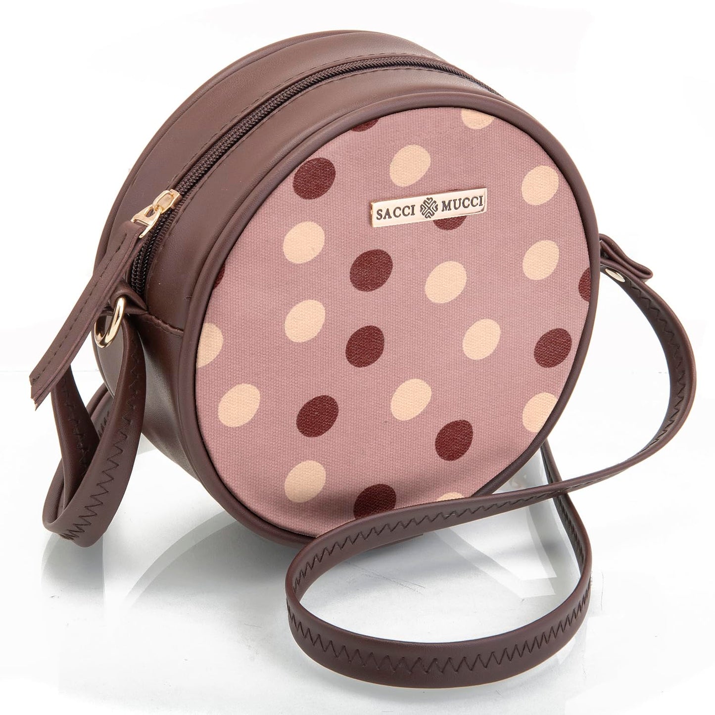 SACCI MUCCI Round Sling Bag, Printed Sling Bag For Girls, Women Sling Bag, Crossbody Bag For Women, gifts for women/Girls, Gift for her - Cute Polka (Brown)