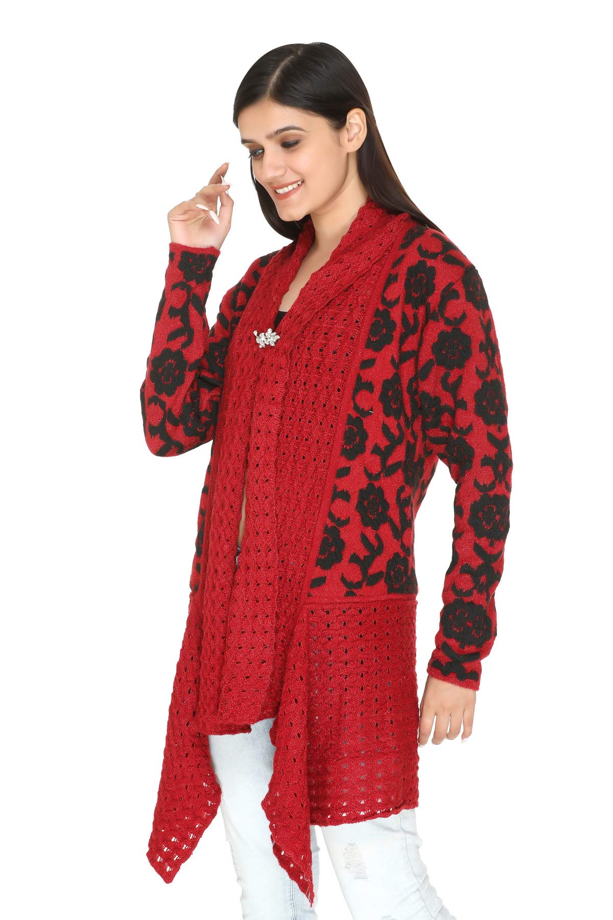 PIPASA Women Ladies Girls Winter Wear Latest Color Woolen V-Neck Open Front Hem Long Sleeves Shrug Cardigan Sweater (RED-Flower)