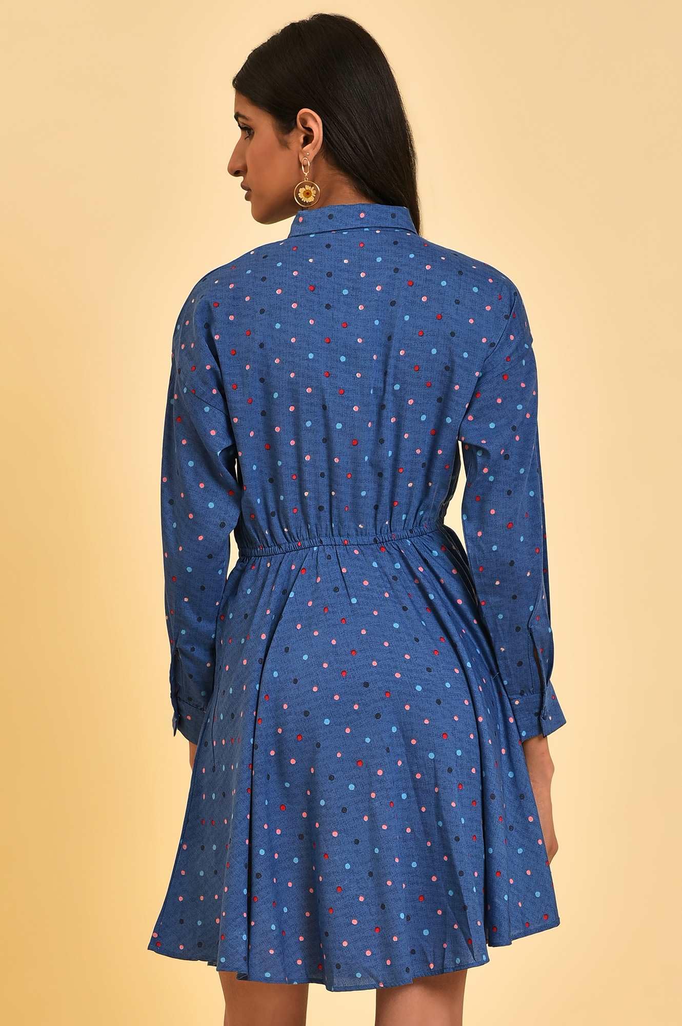 W for Woman Women's Polyester Blue Polka Dot Embroidered Dress Above The Knee