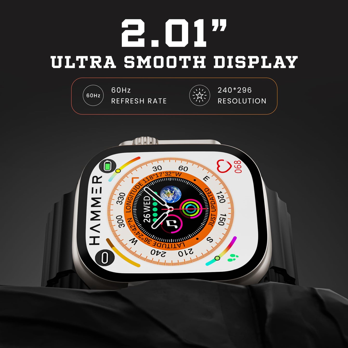 HAMMER Ultra Classic 2.01" Always on Display, Bluetooth Calling Smart Watch, Wireless Charging, 1 Extra Strap, Raise to Wake, in-Built Games, Brightness Adjustment, BP, SpO2, HR Monitoring