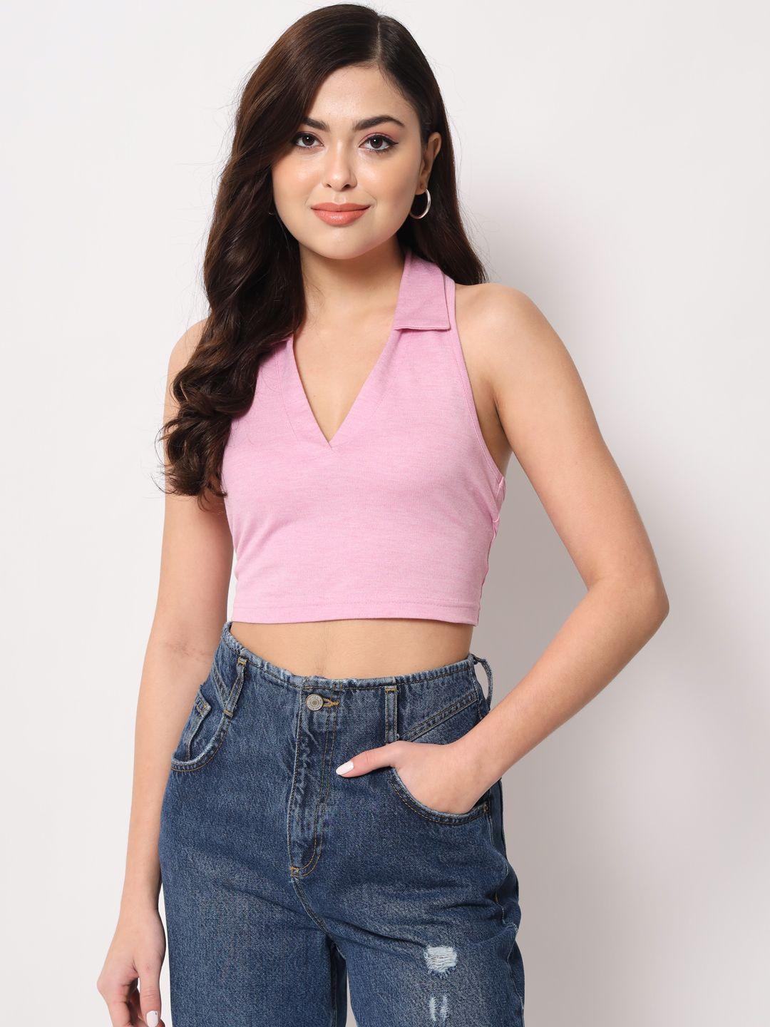 TRENDARREST Women's Cotton Pink Halter Neck Collar Top