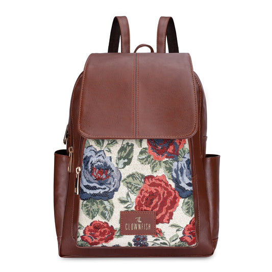 The Clownfish Medium Size Minerva Faux Leather & Tapestry Women'S Backpack College School Bag Casual Travel Backpack For Ladies Girls (Red- Floral)