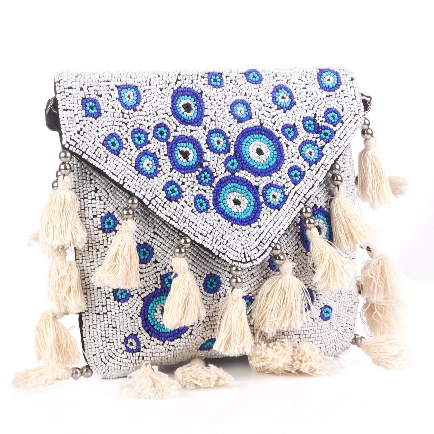 SWISNI White And Blue Designer Small Boho Bag| Clutch Sling Bag Indian Ethnic Clutch| Handcrafted Stylish Women's Bridal Clutch