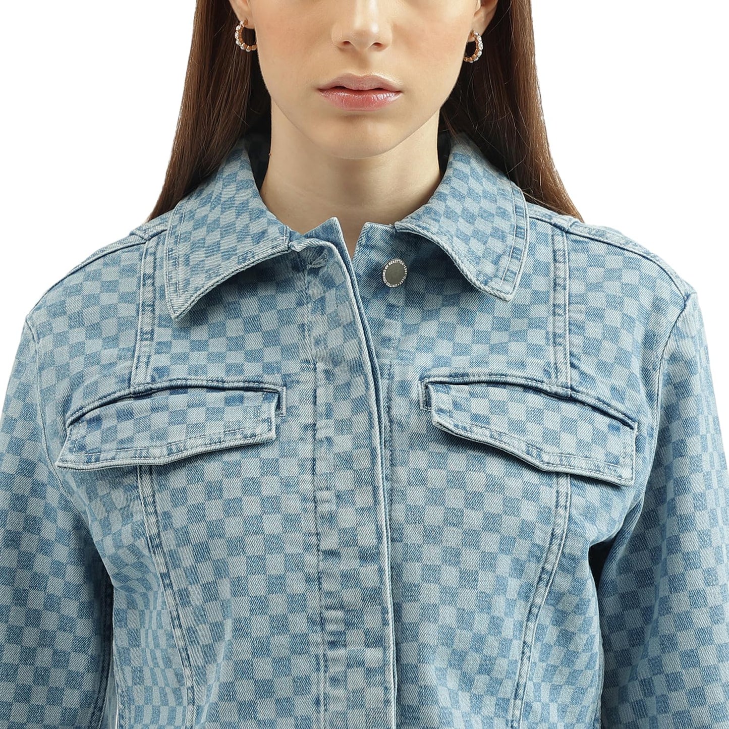 UNITED COLORS OF BENETTON Women's Regular Fit Spread Collar Checked Jacket (Size: 28)-23A2DENIM582I901
