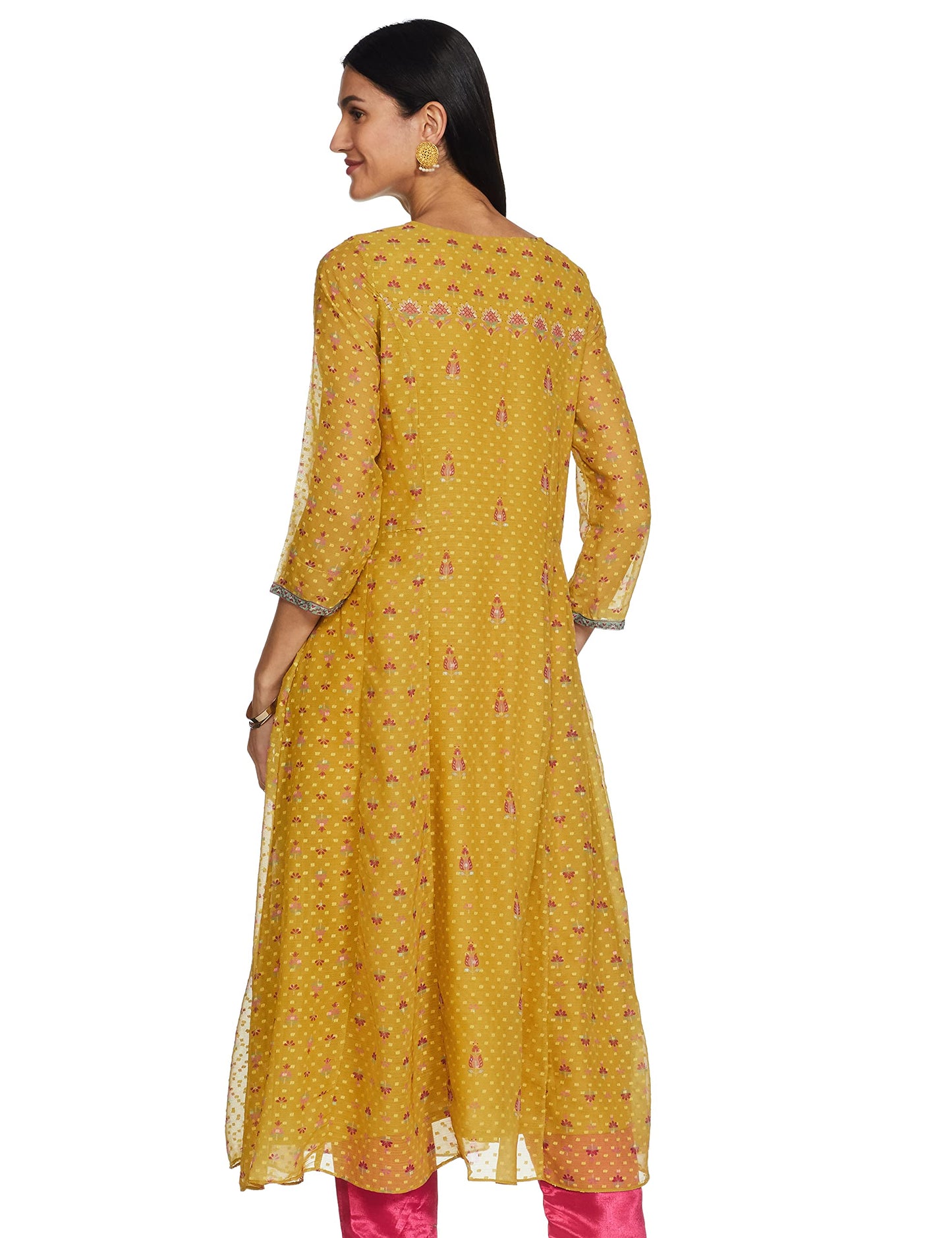 global desi Geometric V Neck Polyester Womens Fit and Flare Dress (Mustard)