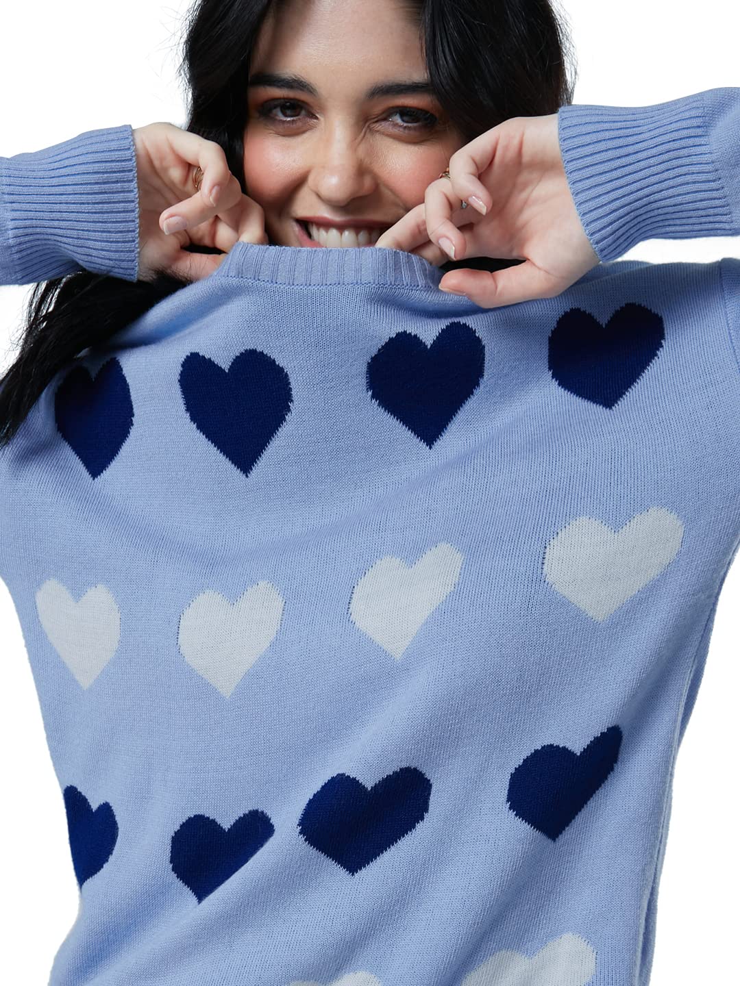 The Souled Store|Knitted SweaterHearts Women and Girl |Full Sleeve| Regular fit Graphic Printed| 100% Acrylic Blue Color Women Knitted Sweaters