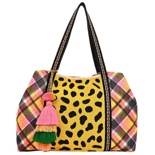 Boho Girl Cheetah Embellished Checkered Tote | Shoulder Bag with Inner Zip Pocket - Jacquard Handbag for Travel and Any Occassion