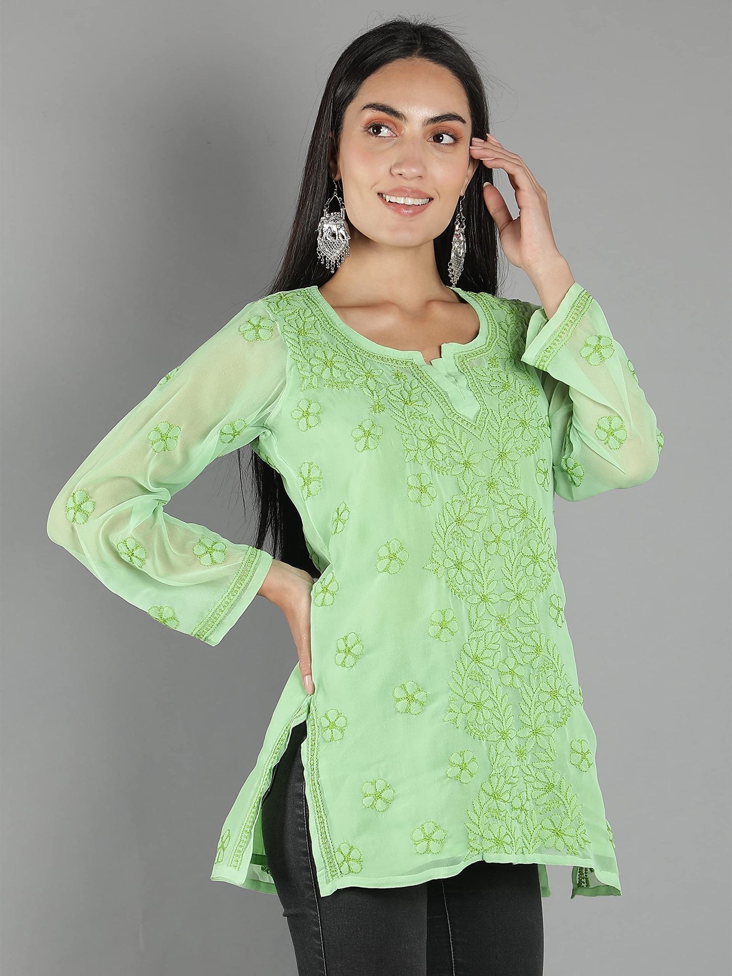 Seva Chikan Hand Embroidered Lucknowi Chikankari Green Georgette Short Top Tunic with Matching Inner Slip for Womens (Green)