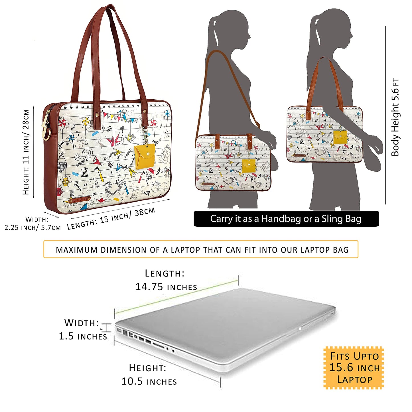 Funk For Hire Women Printed White and Brown 15.6 inch Laptop Handbag Sling Bag