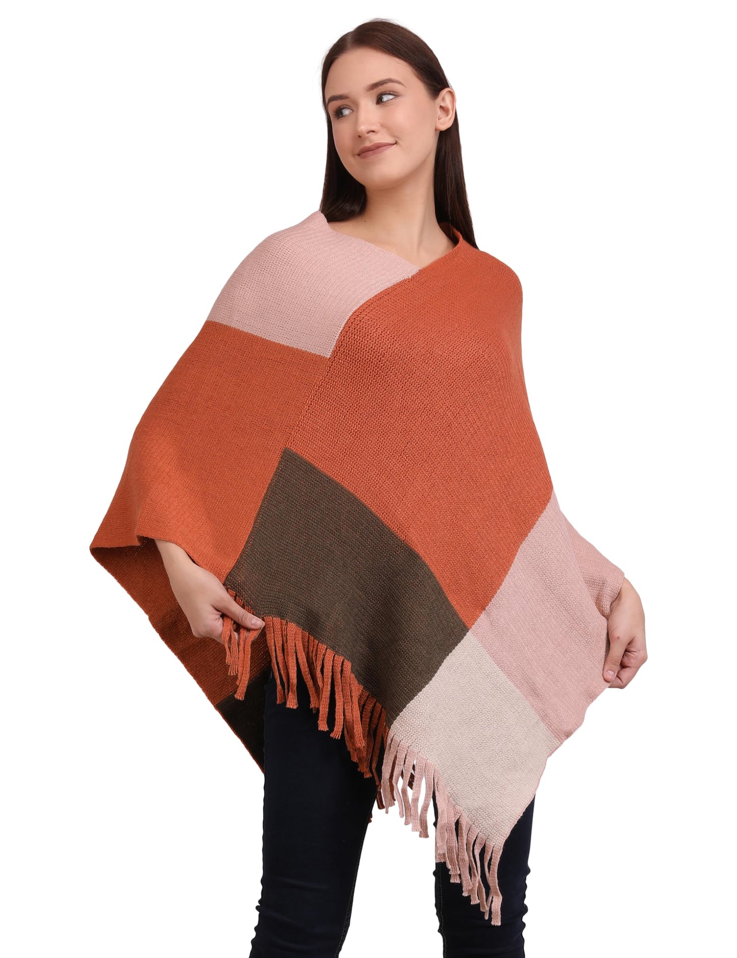 MANRA Women's Kashmiri Woolen V-Neck Strip Poncho Cape Coat for Winter (Pink- Rust)