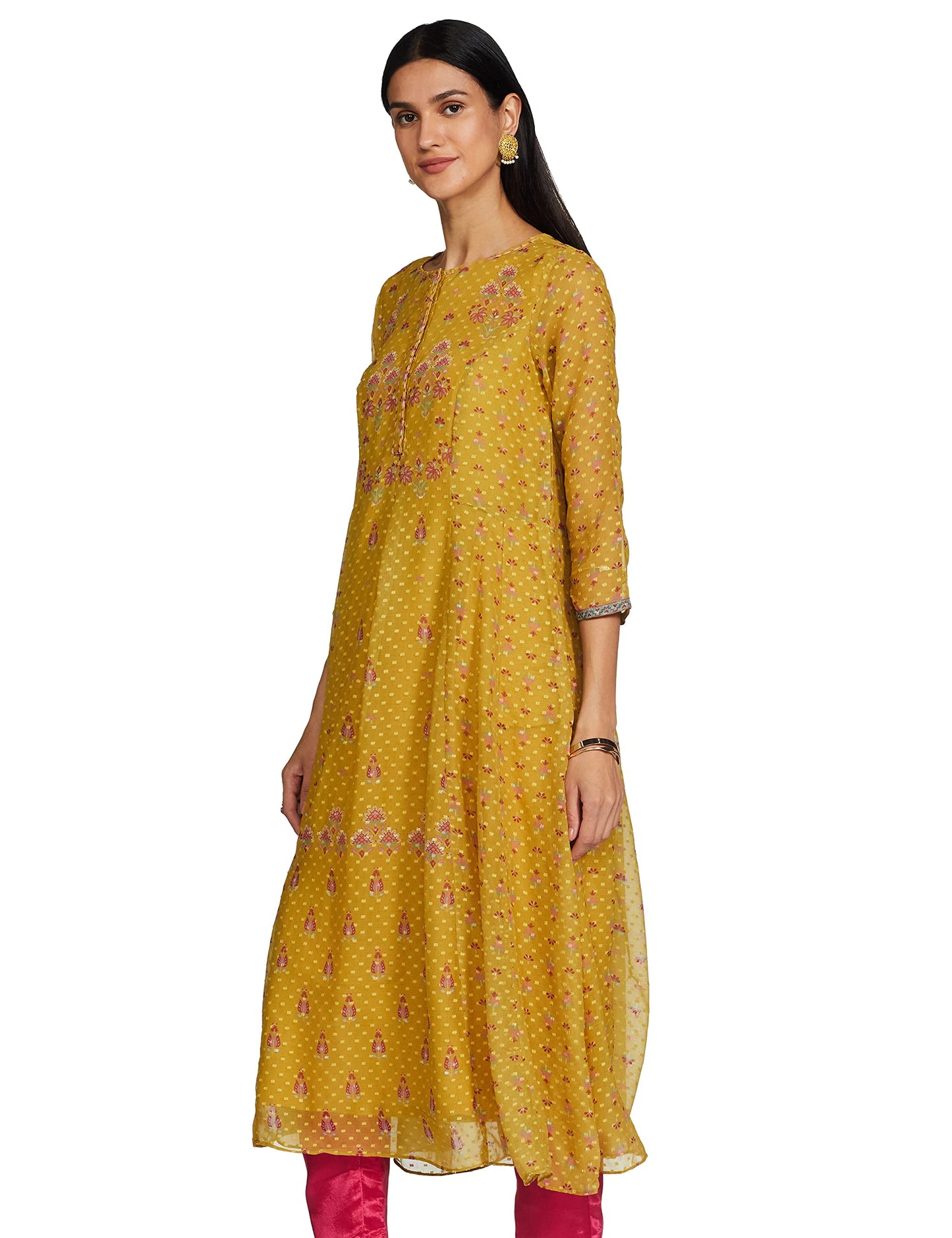 global desi Geometric V Neck Polyester Womens Fit and Flare Dress (Mustard)