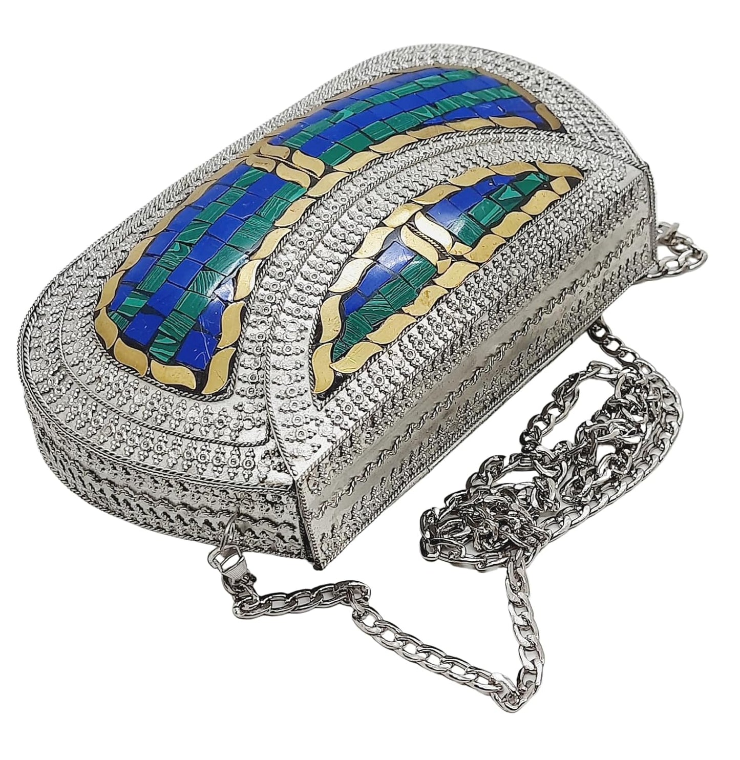 Trend Overseas Handmade Antique Stone Bag Ethnic Clutch - Metal Bag Perfect for Parties, Fits All Cellphone Models (Silver Green)