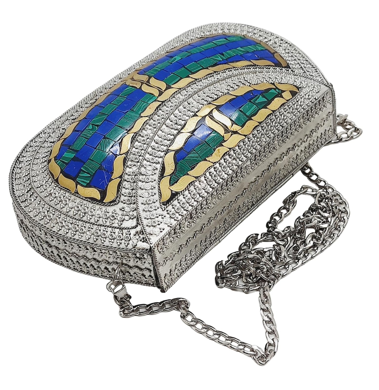 Trend Overseas Handmade Antique Stone Bag Ethnic Clutch - Metal Bag Perfect for Parties, Fits All Cellphone Models (Silver Green)