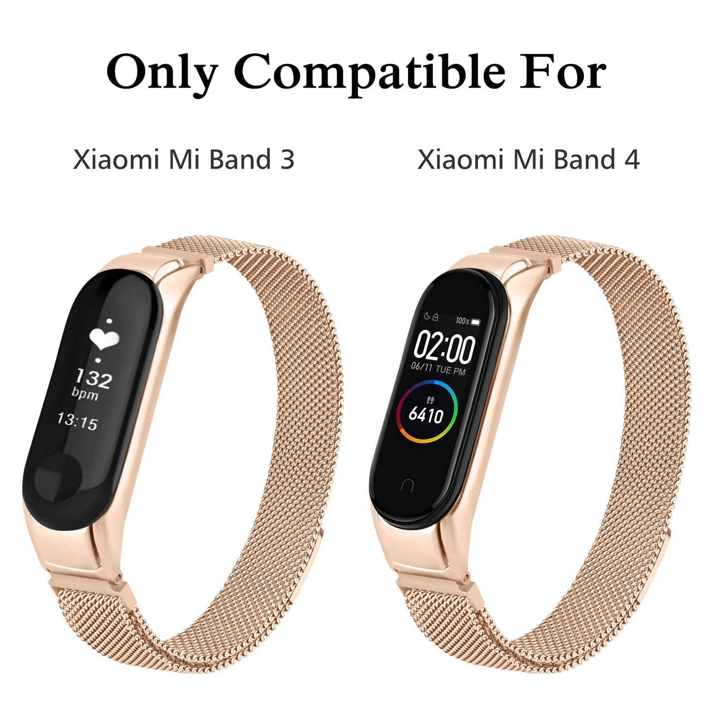 Tobfit Magnetic Strap Compatible for Xiaomi Mi Band 4 / Mi Band 3 (Watch Not Included), Stainless Steel Chain Strap with Magnetic Buckle, Sport Replacement watchstrap for Women & Men (Rose Gold)